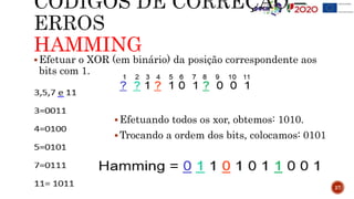 HAMMING
27
Efetuar o XOR (em binário) da posição correspondente aos
bits com 1.
Efetuando todos os xor, obtemos: 1010.
Trocando a ordem dos bits, colocamos: 0101
 