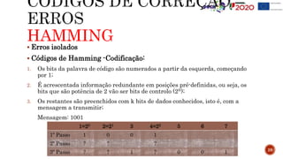 HAMMING
28
 Erros isolados
 Códigos de Hamming -Codificação:
1. Os bits da palavra de código são numerados a partir da esquerda, começando
por 1;
2. É acrescentada informação redundante em posições pré-definidas, ou seja, os
bits que são potência de 2 vão ser bits de controlo (2n);
3. Os restantes são preenchidos com k bits de dados conhecidos, isto é, com a
mensagem a transmitir;
Mensagem: 1001
1=20 2=21 3 4=22 5 6 7
1º Passo 1 0 0 1
2º Passo ? ? ?
3º Passo ? ? 1 ? 0 0 1
 