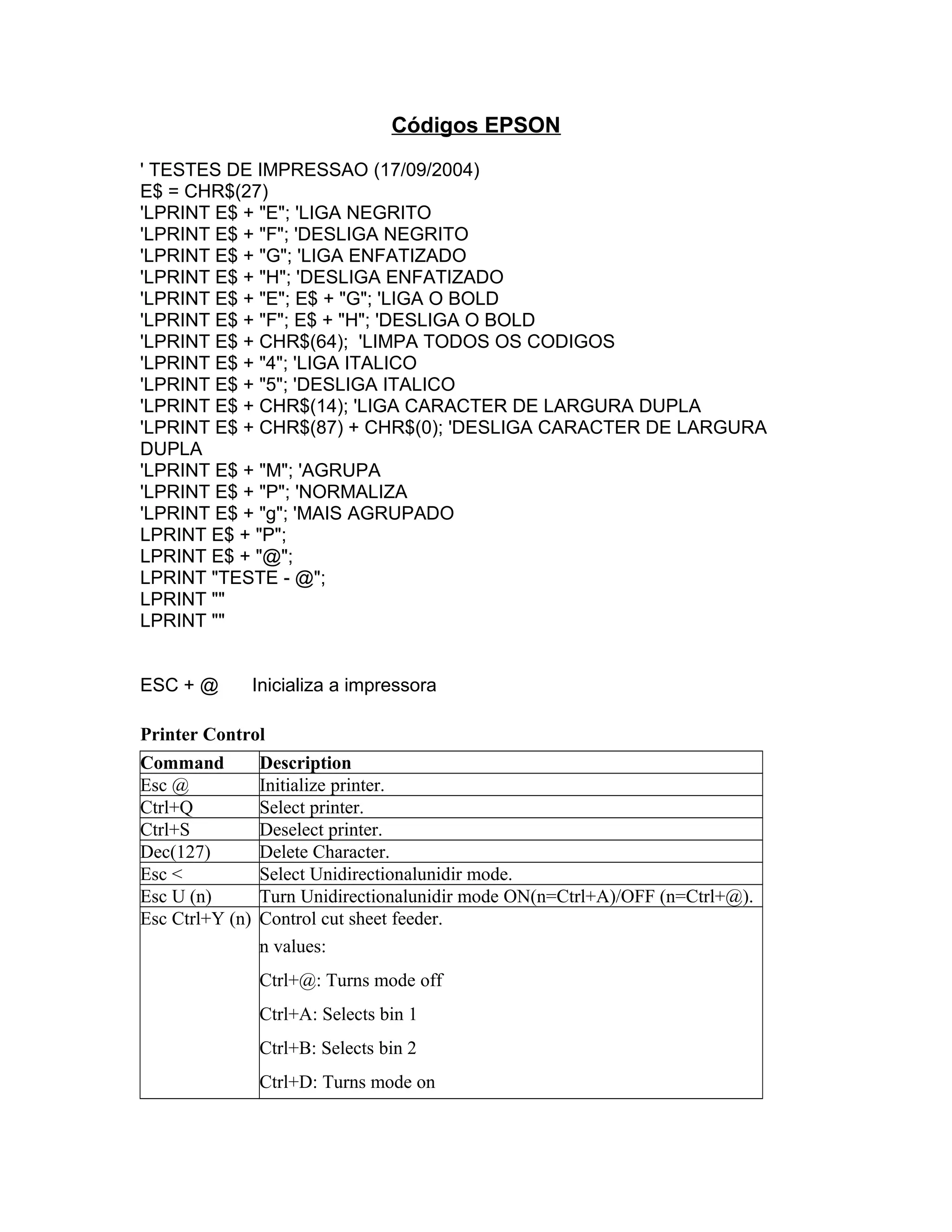 Códigos ESC P - EPSON | DOC