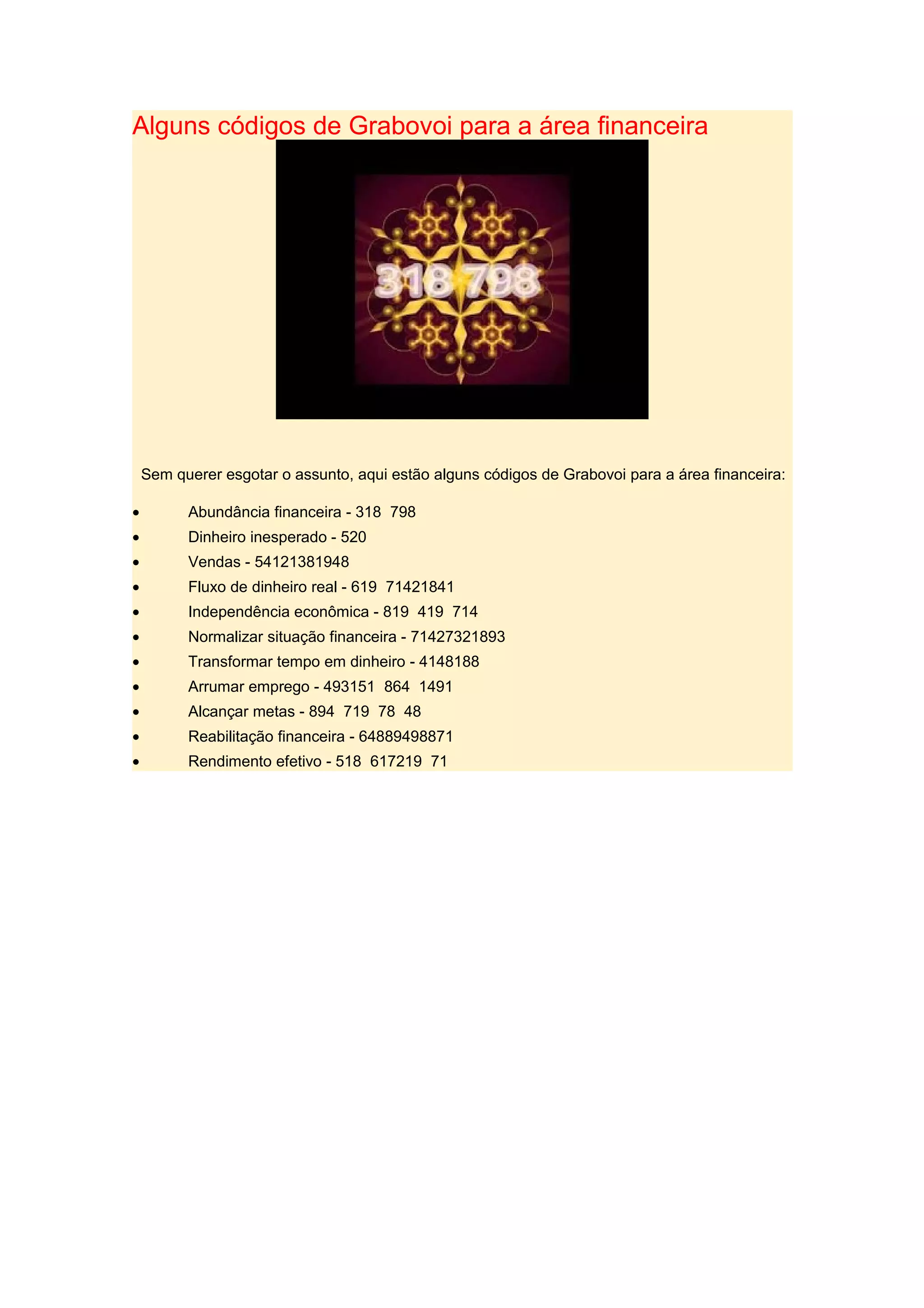 Alguns códigos de Grabovoi para a área financeira
Sem querer esgotar o assunto, aqui estão alguns códigos de Grabovoi para a área financeira:
• Abundância financeira - 318 798
• Dinheiro inesperado - 520
• Vendas - 54121381948
• Fluxo de dinheiro real - 619 71421841
• Independência econômica - 819 419 714
• Normalizar situação financeira - 71427321893
• Transformar tempo em dinheiro - 4148188
• Arrumar emprego - 493151 864 1491
• Alcançar metas - 894 719 78 48
• Reabilitação financeira - 64889498871
• Rendimento efetivo - 518 617219 71