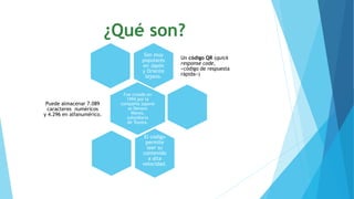 ¿Qué son?
Son muy
populares
en Japón
y Oriente
lejano.
Un código QR (quick
response code,
«código de respuesta
rápida»)
Fue creado en
1994 por la
compañía japone
sa Denson
Waves,
subsidiaria
de Toyota.
Puede almacenar 7.089
caracteres numéricos
y 4.296 en alfanumérico.
El código
permite
leer su
contenido
a alta
velocidad.
 