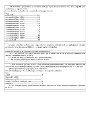 Art. 90. O fator representativo do inverso da renda per capita, a que se refere o inciso II do artigo 88, será
estabelecido da seguinte forma:
Inverso do índice relativo à renda per capita da entidade participante:
Fator
Até 0,0045 .........................................................0,4
Acima de 0,0045 até 0,0055 ..............................0,5
Acima de 0,0055 até 0,0065 ..............................0,6
Acima de 0,0065 até 0,0075 ..............................0,7
Acima de 0,0075 até 0,0085 ..............................0,8
Acima de 0,0085 até 0,0095 ..............................0,9
Acima de 0,0095 até 0,0110 ..............................1,0
Acima de 0,0110 até 0,0130 ..............................1,2
Acima de 0,0130 até 0,0150 ..............................1,4
Acima de 0,0150 até 0,0170 ..............................1,6
Acima de 0,0170 até 0,0190 ...............................1,8
Acima de 0,0190 até 0,0220 ...............................2,0
Acima de 0,220 ......................................... .........2,5
Parágrafo único. Para os efeitos deste artigo, determina-se o índice relativo à renda per capita de cada entidade
participante, tomando-se como 100 (cem) a renda per capita média do País.
Critério de Distribuição do Fundo de Participação dos Municípios
Art. 91. Do Fundo de Participação dos Municípios a que se refere o art. 86, serão atribuídos: (Redação dada
pelo Ato Complementar nº 35, de 1967)
I - 10% (dez por cento) aos Municípios das Capitais dos Estados;
II - 90% (noventa por cento) aos demais Municípios do País.
§ 1º A parcela de que trata o inciso I será distribuída proporcionalmente a um coeficiente individual de
participação, resultante do produto dos seguintes fatôres: (Redação dada pelo Ato Complementar nº 35, de 1967)
a) fator representativo da população, assim estabelecido:
Percentual da População de cada Município em relação à do conjunto das Capitais:
Fator:
Até 2% ....................................... ................................. 2
Mais de 2% até 5%:
Pelos primeiros 2%................................... .................. 2
Cada 0,5% ou fração excedente, mais...................... 0,5
Mais de 5% ....................................... .......................... 5
b) Fator representativo do inverso da renda per capita do respectivo Estado, de conformidade com o disposto
no art. 90.
 