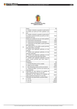 Sexta-feira, 26 de dezembro de 2014 | N°477
Documento assinado digitalmente conforme MP nº 2.200-2 de 24/08/2001, que institui a Infraestrutura de Chaves Públicas Brasileira - ICP-Brasil.
186
ESTADODABAHIA
PREFEITURA MUNICIPAL DE ILHÉUS
GABINETE DO PREFEITO
3
Painéis : R$
a – pintados, colocados ou gravados na parte externa
dos prédios, por painel, por metro quadrado e por
ano;
37,00
b – pintados, colocados ou gravados na parte externa
dos prédios quando iluminado, por painel, por metro
quadrado e por ano;
42,00
Outdoor por unidade, por ano e por metro quadrado: R$
a – institucional, em área particular; 28,00
b – institucional, em área particular e iluminado; 30,00
c – institucional, em área pública, quando permitido
pelo Poder Público;
35,00
4
d - institucional, em área pública, quando permitido
pelo Poder Público e iluminado;
40,00
e- Outdoor para exploração publicitária, em área
particular;
35,00
f - Outdoor para exploração publicitária, em área
particular e iluminado;
40,00
g - Outdoor para exploração publicitária, em área
pública, quando permitido pelo Poder Público;
45,00
h - Outdoor para exploração publicitária, em área
pública, quando permitido pelo Poder Público e
iluminado;
50,00
Propaganda: R$
a – em bóias flutuantes, por dia e unidade; 50,00
b – balão, por dia e unidade 70,00
5 c – faixa rebocada por avião, por dia e por anúncio; 100,00
d – empena de edifício , por dia e por anúncio, por
metro quadrado;
28,00
6
Publicidade por meio eletrônico em aparelhos de
vídeo e audiovisuais,fixo; por m² e por mês ;
50,00
Publicidade por meio eletrônico em aparelhos de
vídeo e audiovisuais,móvel; por m² e por mês ;
100,00
Publicidades não especificadas na presente tabela: R$
7 a – por dia; 30,00
b – por mês; 900,00
c – por ano; 3.000,00
 