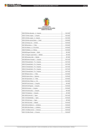 Sexta-feira, 26 de dezembro de 2014 | N°477
Documento assinado digitalmente conforme MP nº 2.200-2 de 24/08/2001, que institui a Infraestrutura de Chaves Públicas Brasileira - ICP-Brasil.
212
ESTADO DA BAHIA
PREFEITURA MUNICIPAL DE ILHÉUS
GABINETE DO PREFEITO
45650-780 Arthur Bernardes - tv - Conquista R$ 210,00
45650-110 Arthur Lavigne - r - Conquista R$ 210,00
45650-120 Arthur Lavigne - tv - Conquista R$ 210,00
45654-258 Arthur Leite da Silveira - r - Pontal R$ 350,00
45661-224 Artistas, dos - r - B Vitória R$ 105,00
45657-080 Asa Branca - r - T Vilela R$ 140,00
45655-816 Atlântica - av - N Sra Vitória R$ 350,00
45660-704 Atlântica - av - Olivença R$ 350,00
45658-608 Augusto Fernandes - r - Basílio R$ 70,00
45651-410 Augusto Lopes Ferreira - r - Malhado R$ 70,00
45651-680 Aureliano Halla - r - Malhado R$ 70,00
45650-080 Avelino Fernandes - r - Conquista R$ 175,00
45650-740 Avenida Brasil - 1ª tv - Conquista R$ 175,00
45650-742 Avenida Brasil - 2ª tv - Conquista R$ 175,00
45650-272 Avenida Brasil - 3ª tv - Conquista R$ 175,00
45650-274 Avenida Brasil - 4ª tv - Conquista R$ 175,00
45650-276 Avenida Brasil - 5ª tv - Conquista R$ 175,00
45657-090 Ayrton Senna - r - T Vilela R$ 140,00
45658-816 Ayrton Senna - r - Esperança R$ 105,00
45657-095 AyrtonSenna - tv - T Vilela R$ 140,00
45656-630 B (Sto A Pádua) - q - H Sá R$ 210,00
45650-097 B (At Formoso) - r - Conquista R$ 70,00
45650-244 B (At Paquetá) - r - Conquista R$ 105,00
45650-262 B (Carilos) - r - Conquista R$ 140,00
45650-524 B (At Sta Inês) - r - Conquista R$ 70,00
45650-774 B (Gamboa) - r - Conquista R$ 70,00
45651-040 B (Colina Sol) - r - Tapera R$ 175,00
45651-145 B (Estherlândia) - r - Tapera R$ 105,00
45651-276 B (At Cacau) - r - Tapera R$ 70,00
45651-494 B (Pq Verde) - r - Malhado R$ 105,00
45655-038 B (Jd Atlântico I) - r - Jd Atlântico R$ 350,00
45655-060 B (Sítio Paraíso) - r - Jd Atlântico R$ 350,00
45655-114 B (Mares do Sul) - r - S Francisco R$ 245,00
45655-155 B (Mor Pontal) - r - S Francisco R$ 245,00
 