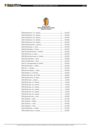 Sexta-feira, 26 de dezembro de 2014 | N°477
Documento assinado digitalmente conforme MP nº 2.200-2 de 24/08/2001, que institui a Infraestrutura de Chaves Públicas Brasileira - ICP-Brasil.
217
ESTADO DA BAHIA
PREFEITURA MUNICIPAL DE ILHÉUS
GABINETE DO PREFEITO
45658-695 Esperança, da - 3ª tv - Esperança R$ 105,00
45658-700 Esperança, da - 4ª tv - Esperança R$ 105,00
45658-710 Esperança, da - 6ª tv - Esperança R$ 105,00
45658-715 Esperança, da - 7ª tv - Esperança R$ 105,00
45658-720 Esperança, da - 8ª tv - Esperança R$ 105,00
45658-780 Esperanto Perolato - r - Esperança R$ 105,00
45656-040 Eucário Bastos - r - N Costa R$ 175,00
45656-050 Eucário Bastos - tv - N Costa R$ 175,00
45652-418 Euclides Pereira Nunes - r - Teresópolis R$ 245,00
45652-480 Euler Ázaro - pç - B Vista R$ 350,00
45650-380 Eusínio Gaston Lavigne - av - Conquista R$ 245,00
45653-020 Eustáquio Bastos - r - Centro R$ 560,00
45654-120 Eustáquio Bastos - r - Pontal R$ 350,00
45653-917 - Rua Eustáquio Bastos, 70 - Casa Brasil R$ 350,00
45657-665 I (Barra Norte) - r - S Miguel R$ 140,00
45657-742 I - r - S Domingos R$ 175,00
45660-598 I (Lot A Milagres) - r - Olivença R$ 245,00
45655-455 Ilhéus II - ac - N Sra Vitória R$ 140,00
45658-262 Ilhéus-Uruçuca - rod - Jd Savóia R$ 280,00
45658-335 Ilhéus-Uruçuca - rod - Iguape R$ 280,00
45650-480 Inês, Santa - r - Conquista R$ 70,00
45650-482 Inês, Santa - 1ª tv - Conquista R$ 70,00
45650-484 Inês, Santa - 2ª tv - Conquista R$ 70,00
45650-490 Inês, Santa - 3ª tv - Conquista R$ 70,00
45650-492 Inês, Santa - 4ª tv - Conquista R$ 70,00
45650-494 Inês, Santa - 5ª tv - Conquista R$ 70,00
45650-496 Inês, Santa - 6ª tv - Conquista R$ 70,00
45654-460 Inocêncio Corrêa - r - Pontal R$ 350,00
45651-198 Ipanema - r - Tapera R$ 175,00
45651-618 Ipanema - r - Malhado R$ 175,00
45657-324 Ipês, dos - r - T Vilela R$ 140,00
45657-220 Ipiranga - r - T Vilela R$ 140,00
45650-250 Isabel Pereira - r - Conquista R$ 175,00
45650-450 Isabel, Princesa - av - Conquista R$ 140,00
 