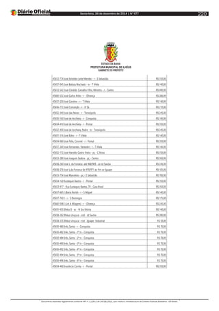 Sexta-feira, 26 de dezembro de 2014 | N°477
Documento assinado digitalmente conforme MP nº 2.200-2 de 24/08/2001, que institui a Infraestrutura de Chaves Públicas Brasileira - ICP-Brasil.
220
ESTADO DA BAHIA
PREFEITURA MUNICIPAL DE ILHÉUS
GABINETE DO PREFEITO
45653-774 José Aristides Leite Mendes - r - S Sebastião R$ 350,00
45657-045 José Batista Machado - tv - T Vilela R$ 140,00
45653-542 José Cândido Carvalho Filho, Ministro - r - Centro R$ 490,00
45660-552 José Carlos Arléo - r - Olivença R$ 280,00
45657-250 José Carolino - r - T Vilela R$ 140,00
45656-772 José Conceição - r - H Sá R$ 210,00
45652-340 José das Neves - r - Teresópolis R$ 245,00
45650-160 José de Anchieta - r - Conquista R$ 140,00
45654-410 José de Anchieta - r - Pontal R$ 350,00
45652-450 José de Anchieta, Padre - tv - Teresópolis R$ 245,00
45657-316 José Edno - r - T Vilela R$ 140,00
45654-060 José Félix, Coronel - r - Pontal R$ 350,00
45657-340 José Fernandes, Vereador - r - T Vilela R$ 140,00
45652-172 José Haroldo Castro Vieira - pç - C Nova R$ 350,00
45653-280 José Joaquim Seabra - pç - Centro R$ 560,00
45658-260 José L. da Fonseca -até 968/969 - av-Jd Savóia R$ 245,00
45658-276 José L.da Fonseca-de 970/971 ao fim-av-Iguape R$ 105,00
45653-754 José Marcelino - pç - S Sebastião R$ 700,00
45654-120 Eustáquio Bastos - r - Pontal R$ 350,00
45653-917 - Rua Eustáquio Bastos, 70 - Casa Brasil R$ 350,00
45657-665 I (Barra Norte) - r - S Miguel R$ 140,00
45657-742 I - r - S Domingos R$ 175,00
45660-598 I (Lot A Milagres) - r - Olivença R$ 245,00
45655-455 Ilhéus II - ac - N Sra Vitória R$ 140,00
45658-262 Ilhéus-Uruçuca - rod - Jd Savóia R$ 280,00
45658-335 Ilhéus-Uruçuca - rod - Iguape- Industrial R$ 50,00
45650-480 Inês, Santa - r - Conquista R$ 70,00
45650-482 Inês, Santa - 1ª tv - Conquista R$ 70,00
45650-484 Inês, Santa - 2ª tv - Conquista R$ 70,00
45650-490 Inês, Santa - 3ª tv - Conquista R$ 70,00
45650-492 Inês, Santa - 4ª tv - Conquista R$ 70,00
45650-494 Inês, Santa - 5ª tv - Conquista R$ 70,00
45650-496 Inês, Santa - 6ª tv - Conquista R$ 70,00
45654-460 Inocêncio Corrêa - r - Pontal R$ 350,00
 