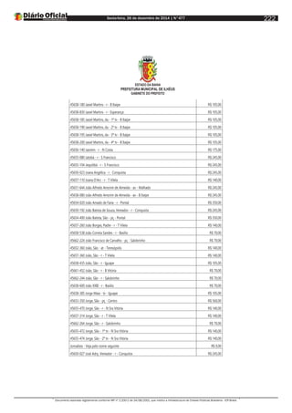 Sexta-feira, 26 de dezembro de 2014 | N°477
Documento assinado digitalmente conforme MP nº 2.200-2 de 24/08/2001, que institui a Infraestrutura de Chaves Públicas Brasileira - ICP-Brasil.
222
ESTADO DA BAHIA
PREFEITURA MUNICIPAL DE ILHÉUS
GABINETE DO PREFEITO
45658-180 Jasiel Martins - r - B Itaípe R$ 105,00
45658-830 Jasiel Martins - r - Esperança R$ 105,00
45658-185 Jasiel Martins, da - 1ª tv - B Itaípe R$ 105,00
45658-190 Jasiel Martins, da - 2ª tv - B Itaípe R$ 105,00
45658-195 Jasiel Martins, da - 3ª tv - B Itaípe R$ 105,00
45658-200 Jasiel Martins, da - 4ª tv - B Itaípe R$ 105,00
45656-140 Jasmim - r - N Costa R$ 175,00
45655-080 Jatobá - r - S Francisco R$ 245,00
45655-104 Jequitibá - r - S Francisco R$ 245,00
45650-023 Joana Angélica - r - Conquista R$ 245,00
45657-110 Joana D'Arc - r - T Vilela R$ 140,00
45651-644 João Alfredo Amorim de Almeida - av - Malhado R$ 245,00
45658-080 João Alfredo Amorim de Almeida - av - B Itaípe R$ 245,00
45654-020 João Amado de Faria - r - Pontal R$ 350,00
45650-192 João Batista de Souza, Vereador - r - Conquista R$ 245,00
45654-400 João Batista, São - pç - Pontal R$ 350,00
45657-260 João Borges, Padre - r - T Vilela R$ 140,00
45658-538 João Correia Sandes - r - Basílio R$ 70,00
45662-224 João Francisco de Carvalho - pç - Salobrinho R$ 70,00
45652-360 João, São - at - Teresópolis R$ 140,00
45657-360 João, São - r - T Vilela R$ 140,00
45658-435 João, São - r - Iguape R$ 105,00
45661-452 João, São - r - B Vitória R$ 70,00
45662-244 João, São - r - Salobrinho R$ 70,00
45658-600 João XXIII - r - Basílio R$ 70,00
45658-385 Jorge Maia - tv - Iguape R$ 105,00
45653-350 Jorge, São - pç - Centro R$ 560,00
45655-470 Jorge, São - r - N Sra Vitória R$ 140,00
45657-314 Jorge, São - r - T Vilela R$ 140,00
45662-264 Jorge, São - r - Salobrinho R$ 70,00
45655-472 Jorge, São - 1ª tv - N Sra Vitória R$ 140,00
45655-474 Jorge, São - 2ª tv - N Sra Vitória R$ 140,00
Jornalista - Veja pelo nome seguinte R$ 0,00
45650-027 José Adry, Vereador - r - Conquista R$ 245,00
 