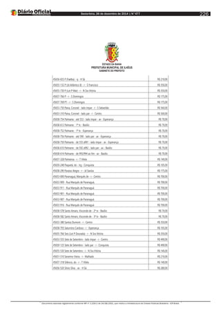 Sexta-feira, 26 de dezembro de 2014 | N°477
Documento assinado digitalmente conforme MP nº 2.200-2 de 24/08/2001, que institui a Infraestrutura de Chaves Públicas Brasileira - ICP-Brasil.
226
ESTADO DA BAHIA
PREFEITURA MUNICIPAL DE ILHÉUS
GABINETE DO PREFEITO
45656-655 P (Faelba) - q - H Sá R$ 210,00
45655-132 P (Jd Atlântico II) - r - S Francisco R$ 350,00
45655-730 P (Lot P Mar) - r - N Sra Vitória R$ 350,00
45657-766 P - r - S Domingos R$ 175,00
45657-769 P1 - r - S Domingos R$ 175,00
45653-750 Paiva, Coronel - lado ímpar - r - S Sebastião R$ 560,00
45653-310 Paiva, Coronel - lado par - r - Centro R$ 560,00
45658-754 Palmares - até 553 - lado ímpar - av - Esperança R$ 70,00
45658-612 Palmares - 1ª tv - Basílio R$ 70,00
45658-752 Palmares - 1ª tv - Esperança R$ 70,00
45658-756 Palmares - até 590 - lado par - av - Esperança R$ 70,00
45658-750 Palmares - de 555 a991 - lado ímpar - av - Esperança R$ 70,00
45658-610 Palmares - de 592 a992 - lado par - av - Basílio R$ 70,00
45658-614 Palmares - de 993/994 ao fim - av - Basílio R$ 70,00
45657-328 Palmeiras - r - T Vilela R$ 140,00
45650-248 Paquetá, do - lrg - Conquista R$ 105,00
45658-290 Paraíso Alegre - r - Jd Savóia R$ 175,00
45653-000 Paranaguá, Marquês de - r - Centro R$ 700,00
45653-909 - Rua Marquês de Paranaguá, R$ 700,00
45653-911 - Rua Marquês de Paranaguá R$ 700,00
45653-901 - Rua Marquês de Paranaguá R$ 700,00
45653-907 - Rua Marquês de Paranaguá R$ 700,00
45653-916 - Rua Marquês de Paranaguá R$ 700,00
45658-578 Santo Amaro, Visconde de - 2ª tv - Basílio R$ 70,00
45658-582 Santo Amaro, Visconde de - 3ª tv - Basílio R$ 70,00
45653-380 Santos Dumont - r - Centro R$ 350,00
45658-705 Saturnino Cardoso - r - Esperança R$ 105,00
45655-766 Seis (Lot P Dourada) - r - N Sra Vitória R$ 350,00
45653-555 Sete de Setembro - lado ímpar - r - Centro R$ 490,00
45650-125 Sete de Setembro - lado par - r - Conquista R$ 490,00
45655-530 Sete de Setembro - r - N Sra Vitória R$ 140,00
45651-510 Severino Vieira - r - Malhado R$ 210,00
45657-318 Silêncio, do - r - T Vilela R$ 140,00
45656-520 Silvio Silva - av - H Sá R$ 280,00
 