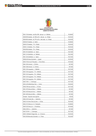 Sexta-feira, 26 de dezembro de 2014 | N°477
Documento assinado digitalmente conforme MP nº 2.200-2 de 24/08/2001, que institui a Infraestrutura de Chaves Públicas Brasileira - ICP-Brasil.
228
ESTADO DA BAHIA
PREFEITURA MUNICIPAL DE ILHÉUS
GABINETE DO PREFEITO
45651-730 Ubaitaba - de 630 a1598 - lado par - av - Malhado R$ 280,00
45658-000 Ubaitaba - de 1600 ao fim - lado par - av - B Itaípe R$ 245,00
45658-085 Ubaitaba - de 1701 ao fim - lado ímpar - av - B Itaípe R$ 245,00
45658-567 Ubaitaba - at - Basílio R$ 280,00
45658-107 Ubaitaba - 1ª tv - B Itaípe R$ 245,00
45658-112 Ubaitaba - 2ª tv - B Itaípe R$ 245,00
45658-006 Ubaitaba - 3ª tv - B Itaípe R$ 245,00
45651-072 Uberlândia - av - Tapera R$ 210,00
45651-314 Uberlândia - av - Malhado R$ 210,00
45651-292 Uberlândia - tv - Tapera R$ 210,00
45658-430 Ulisses Guimarães - r - Iguape R$ 105,00
45655-750 Um (Lot P Dourada) - r - N Sra Vitória R$ 350,00
45661-504 Universal - r - B Vitória R$ 70,00
45661-508 Universal - tv - B Vitória R$ 70,00
45651-350 Uruguaiana - r - Malhado R$ 175,00
45651-530 Uruguaiana - 1ª tv - Malhado R$ 175,00
45651-532 Uruguaiana - 2ª tv - Malhado R$ 175,00
45651-534 Uruguaiana - 3ª tv - Malhado R$ 175,00
45651-536 Uruguaiana - 4ª tv - Malhado R$ 175,00
45657-709 V - r - S Domingos R$ 175,00
45653-230 ValfredoTepe, Dom - r - Centro R$ 420,00
45656-198 Vasco da Gama - r - N Costa R$ 175,00
45651-470 Veloza de Baixo - r - Malhado R$ 70,00
45651-450 Veloza de Cima - r - Malhado R$ 70,00
45651-460 Veloza do Meio - r - Malhado R$ 70,00
Vereador - Veja pelo nome seguinte R$ 0,00
45662-344 Vicente, São - r - Salobrinho R$ 70,00
45652-510 Vinte e Oito de Junho - r - B Vista R$ 350,00
45652-372 Vitória, da - ld - Teresópolis R$ 280,00
45655-520 Vitória, da - r - N SraVitória R$ 140,00
45662-308 Vivi - r - Salobrinho R$ 70,00
45657-787 W1 - r - S Domingos R$ 175,00
45655-138 Walmir Chagas Góes - av - S Francisco R$ 245,00
45652-040 Wenceslau Guimarães - tv - C Nova R$ 350,00
 