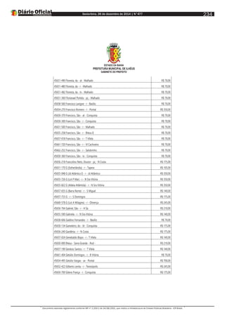 Sexta-feira, 26 de dezembro de 2014 | N°477
Documento assinado digitalmente conforme MP nº 2.200-2 de 24/08/2001, que institui a Infraestrutura de Chaves Públicas Brasileira - ICP-Brasil.
234
ESTADO DA BAHIA
PREFEITURA MUNICIPAL DE ILHÉUS
GABINETE DO PREFEITO
45651-490 Floresta, da - at - Malhado R$ 70,00
45651-480 Floresta, da - r - Malhado R$ 70,00
45651-482 Floresta, da - tv - Malhado R$ 70,00
45651-360 Florianael Portela - pç - Malhado R$ 70,00
45658-560 Francisco Lavigne - r - Basílio R$ 70,00
45654-270 Francisco Romero - r - Pontal R$ 350,00
45650-370 Francisco, São - at - Conquista R$ 70,00
45650-300 Francisco, São - r - Conquista R$ 70,00
45651-500 Francisco, São - r - Malhado R$ 70,00
45655-258 Francisco, São - r - Ilhéus II R$ 70,00
45657-018 Francisco, São - r - T Vilela R$ 70,00
45661-720 Francisco, São - r - Vl Cachoeira R$ 70,00
45662-252 Francisco, São - r - Salobrinho R$ 70,00
45650-360 Francisco, São - tv - Conquista R$ 70,00
45656-218 Francolino Neto, Doutor - pç - N Costa R$ 175,00
45651-170 G (Estherlândia) - r - Tapera R$ 105,00
45655-048 G (Jd Atlântico I) - r - Jd Atlântico R$ 350,00
45655-726 G (Lot P Mar) - r - N Sra Vitória R$ 350,00
45655-822 G (Aldeia Atlântida) - r - N Sra Vitória R$ 350,00
45657-655 G (Barra Norte) - r - S Miguel R$ 140,00
45657-733 G - r - S Domingos R$ 175,00
45660-578 G (Lot A Milagres) - r - Olivença R$ 245,00
45656-764 Gabriel, São - r - H Sá R$ 210,00
45655-590 Gabriela - r - N Sra Vitória R$ 140,00
45658-606 Galdino Fernandes - r - Basílio R$ 70,00
45650-134 Gameleiro, do - ld - Conquista R$ 175,00
45656-240 Gardênia - r - N Costa R$ 175,00
45657-024 Genebaldo Bispo - r - T Vilela R$ 140,00
45650-000 Ilhéus - Serra Grande - Rod - R$ 210,00
45657-190 Genésio Santos - r - T Vilela R$ 140,00
45661-404 Getúlio Domingos - r - B Vitória R$ 70,00
45654-495 Getúlio Vargas - av - Pontal R$ 700,00
45652-422 Gilberto Levita - r - Teresópolis R$ 245,00
45650-700 Gileno França - r - Conquista R$ 175,00
 