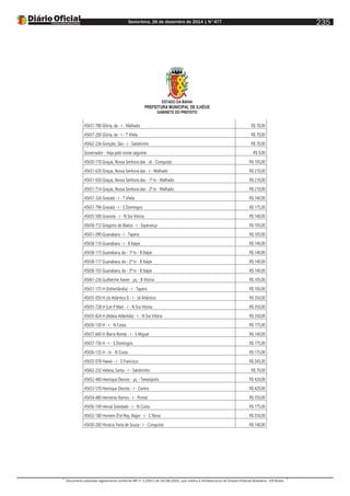 Sexta-feira, 26 de dezembro de 2014 | N°477
Documento assinado digitalmente conforme MP nº 2.200-2 de 24/08/2001, que institui a Infraestrutura de Chaves Públicas Brasileira - ICP-Brasil.
235
ESTADO DA BAHIA
PREFEITURA MUNICIPAL DE ILHÉUS
GABINETE DO PREFEITO
45651-780 Glória, da - r - Malhado R$ 70,00
45657-200 Glória, da - r - T Vilela R$ 70,00
45662-236 Gonçalo, São - r - Salobrinho R$ 70,00
Governador - Veja pelo nome seguinte R$ 0,00
45650-170 Graças, Nossa Senhora das - at - Conquista R$ 105,00
45651-630 Graças, Nossa Senhora das - r - Malhado R$ 210,00
45651-650 Graças, Nossa Senhora das - 1ª tv - Malhado R$ 210,00
45651-714 Graças, Nossa Senhora das - 2ª tv - Malhado R$ 210,00
45657-326 Gravatá - r - T Vilela R$ 140,00
45657-796 Gravatá - r - S Domingos R$ 175,00
45655-500 Graviola - r - N Sra Vitória R$ 140,00
45658-712 Gregório de Matos - r - Esperança R$ 105,00
45651-090 Guanabara - r - Tapera R$ 105,00
45658-110 Guanabara - r - B Itaípe R$ 140,00
45658-115 Guanabara, da - 1ª tv - B Itaípe R$ 140,00
45658-117 Guanabara, da - 2ª tv - B Itaípe R$ 140,00
45658-103 Guanabara, da - 3ª tv - B Itaípe R$ 140,00
45661-236 Guilherme Xavier - pç - B Vitória R$ 105,00
45651-175 H (Estherlândia) - r - Tapera R$ 105,00
45655-050 H (Jd Atlântico I) - r - Jd Atlântico R$ 350,00
45655-728 H (Lot P Mar) - r - N Sra Vitória R$ 350,00
45655-824 H (Aldeia Atlântida) - r - N Sra Vitória R$ 350,00
45656-130 H - r - N Costa R$ 175,00
45657-660 H (Barra Norte) - r - S Miguel R$ 140,00
45657-736 H - r - S Domingos R$ 175,00
45656-135 H - tv - N Costa R$ 175,00
45655-078 Hawaí - r - S Francisco R$ 245,00
45662-232 Helena, Santa - r - Salobrinho R$ 70,00
45652-460 Henrique Devoto - pç - Teresópolis R$ 420,00
45653-570 Henrique Devoto - r - Centro R$ 420,00
45654-480 Hermínio Ramos - r - Pontal R$ 350,00
45656-100 Herval Soledade - r - N Costa R$ 175,00
45652-180 Homem D'el Rey, Major - r - C Nova R$ 350,00
45650-260 Horácio Faria de Souza - r - Conquista R$ 140,00
 
