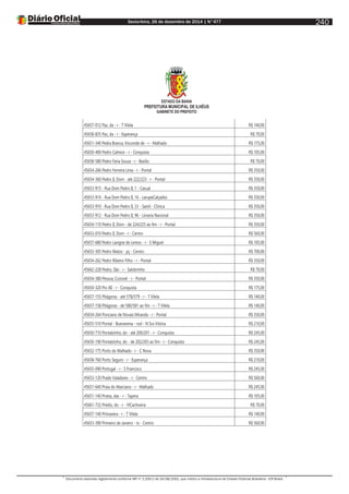 Sexta-feira, 26 de dezembro de 2014 | N°477
Documento assinado digitalmente conforme MP nº 2.200-2 de 24/08/2001, que institui a Infraestrutura de Chaves Públicas Brasileira - ICP-Brasil.
240
ESTADO DA BAHIA
PREFEITURA MUNICIPAL DE ILHÉUS
GABINETE DO PREFEITO
45657-012 Paz, da - r - T Vilela R$ 140,00
45658-835 Paz, da - r - Esperança R$ 70,00
45651-340 Pedra Branca, Visconde de - r - Malhado R$ 175,00
45650-400 Pedro Calmon - r - Conquista R$ 105,00
45658-580 Pedro Faria Souza - r - Basílio R$ 70,00
45654-266 Pedro Ferreira Lima - r - Pontal R$ 350,00
45654-360 Pedro II, Dom - até 222/223 - r - Pontal R$ 350,00
45653-915 - Rua Dom Pedro II, 1 - Casual R$ 350,00
45653-914 - Rua Dom Pedro II, 16 - LarupeCalçados R$ 350,00
45653-910 - Rua Dom Pedro II, 33 - Samil - Clínica R$ 350,00
45653-912 - Rua Dom Pedro II, 96 - Livraria Nacional R$ 350,00
45654-110 Pedro II, Dom - de 224/225 ao fim - r - Pontal R$ 350,00
45653-010 Pedro II, Dom - r - Centro R$ 560,00
45657-680 Pedro Lavigne de Lemos - r - S Miguel R$ 105,00
45653-305 Pedro Matos - pç - Centro R$ 700,00
45654-262 Pedro Ribeiro Filho - r - Pontal R$ 350,00
45662-228 Pedro, São - r - Salobrinho R$ 70,00
45654-380 Pessoa, Coronel - r - Pontal R$ 350,00
45650-320 Pio XII - r - Conquista R$ 175,00
45657-155 Pitágoras - até 578/579 - r - T Vilela R$ 140,00
45657-158 Pitágoras - de 580/581 ao fim - r - T Vilela R$ 140,00
45654-264 Ponciano de Novais Miranda - r - Pontal R$ 350,00
45655-510 Pontal - Buerarema - rod - N Sra Vitória R$ 210,00
45650-710 Pontalzinho, do - até 200/201 - r - Conquista R$ 245,00
45650-190 Pontalzinho, do - de 202/203 ao fim - r - Conquista R$ 245,00
45652-175 Porto do Malhado - r - C Nova R$ 350,00
45658-760 Porto Seguro - r - Esperança R$ 210,00
45655-090 Portugal - r - S Francisco R$ 245,00
45653-120 Prado Valadares - r - Centro R$ 560,00
45651-640 Praia do Marciano - r - Malhado R$ 245,00
45651-140 Pratas, das - r - Tapera R$ 105,00
45661-732 Prédio, do - r - VlCachoeira R$ 70,00
45657-140 Primavera - r - T Vilela R$ 140,00
45653-390 Primeiro de Janeiro - tv - Centro R$ 560,00
 