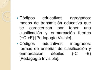  Códigos educativos agregados: 
modos de transmisión educativa que 
se caracterizan por tener una 
clasificación y enmarcación fuertes 
(+C +E) [Pedagogía Visible]. 
 Códigos educativos integrados: 
formas de enseñar de clasificación y 
enmarcación débiles (-C -E) 
[Pedagogía Invisible]. 
 