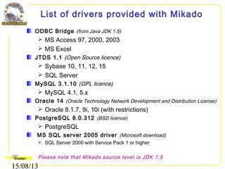 15/08/13
List of drivers provided with Mikado
ODBC Bridge (from Java JDK 1.5)
 MS Access 97, 2000, 2003
 MS Excel
JTDS 1.1 (Open Source licence)
 Sybase 10, 11, 12, 15
 SQL Server
MySQL 3.1.10 (GPL licence)
 MySQL 4.1, 5.x
Oracle 14 (Oracle Technology Network Development and Distribution License)
 Oracle 8.1.7, 9i, 10i (with restrictions)
PostgreSQL 8.0.312 (BSD licence)
 PostgreSQL
MS SQL server 2005 driver (Microsoft download)
 SQL Server 2000 with Service Pack 1 or higher
Please note that Mikado source level is JDK 1.5
 