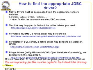 15/08/13
How to find the appropriate JDBC
driver?
Native drivers must be downloaded from the appropriate vendors
websites
(i.e Oracle, Sybase, MySQL, PostGres, …)
It must fit with the database and the JDBC versions.
This link may help you to find out the native drivers you need :
http://developers.sun.com/product/jdbc/drivers
For Oracle RDBMS , a native driver may be found on
http://www.oracle.com/technology/software/tech/java/sqlj_jdbc/index.html
For Microsoft SQL server, a native driver may be found on Microsoft
MSDN
http://msdn2.microsoft.com/en-us/data/default.aspx
Bridge drivers (using Microsoft-ODBC Open DataBase Connectivity) are
bundled with the Java 2 SDK.
http://java.sun.com/j2se/1.3/docs/guide/jdbc/getstart/bridge.doc.html
Drivers have then to be installed following the given recommendations
The corresponding .jar files must be copied in the mikadodist directory
 