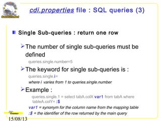 15/08/13
cdi.properties file : SQL queries (3)
Single Sub-queries : return one row
The number of single sub-queries must be
defined
queries.single.number=5
The keyword for single sub-queries is :
queries.single.i=
where i varies from 1 to queries.single.number
Example :
queries.single.1 = select tabA.colX var1 from tabA where
tableA.colY= :$
var1 = synonym for the column name from the mapping table
:$ = the identifier of the row returned by the main query
 