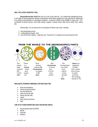 www.rkmfiles.net 26
DNA: THE LATEST SCIENTIFIC TOOL
Deoxyribonucleic Acid (de–ak–si–ri–bo–n(y)u–kle–ik) - is a chemical substance found
in all cells of living organism whose composition have been passed on from parents to offsprings.
It is called as the genetic or hereditary material. A person’s DNA is the SAME in every cell. It is
contained in blood, semen, skin cells, tissue, organs, muscle, brain cells, bone, teeth, hair, saliva
etc.
Chemically, it is an acid and is composed of three sub-units, namely:
1. the phosphate group
2. a deoxyribose sugar, and
3. one of the four bases – Adenine (A), Thymine (T), Cytosine (C) and Guanine (G)
FROM THE WHOLE TO THE (MICROSCOPIC) PARTS
The There Each One The Genes are
human is a nucleus chromosome chromosomes segments
body nucleus contains 46 of every are filled of DNA
contains inside chromosomes pair with that contain
100 each arranged is from tightly instructions
trillion human in 23 each coiled to make
cells cell pairs parent strands proteins
of the building
DNA blocks of life
BIOLOGICAL EVIDENCE AMENABLE FOR DNA ANALYSIS
 blood and bloodstains
 semen and seminal stains
 hair with follicle/root
 saliva and buccal cells
 tissues and skin cells
 organs
 bone marrow and bones
 teeth
LINE UP OF CASES WHERE DNA ANALYSIS MAYBE USEFUL
 Sexual assault cases like RAPE
 Murder
 Homicide
 Robbery
 