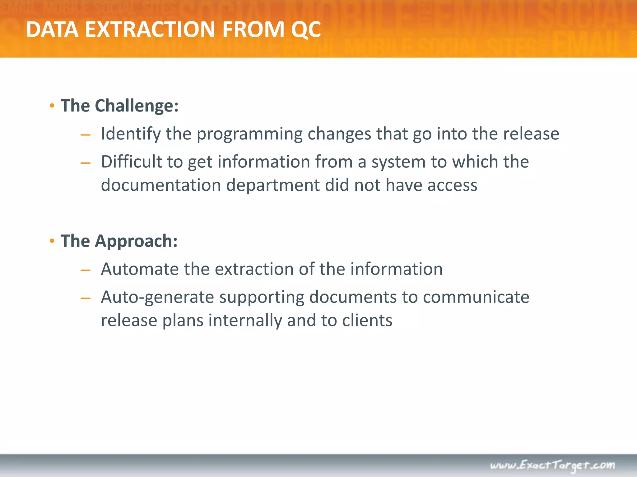 Publication ProcessThe Challenge: Deliver the documentation with same speed that we deliver the productThe Approach: Web-based delivery with two-tiered creation and publicationAutomation tools to move content from creation web to delivery web