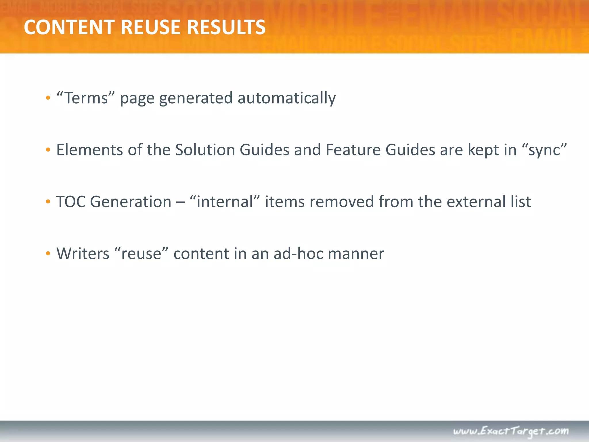 QC Extraction ResultsAuto-generated web pages available internally to product management, documentation and developmentThese provide details of the individual projects for releaseAuto-generated work for writersAuto-generated PowerPoint of release projects