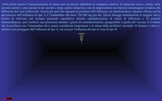  Nella prima ipotesi l’immunizzazione di massa può accelerare  addirittura la comparsa  selettiva di mutazioni  nuove, mentre nella 
seconda ipotesi si può sperare in un vaccino a largo spettro antigenico, tale da rappresentare una barriera immunogena completa alla 
diffusione dei virus influenzali. Ancora per quel che riguarda la profilassi dell’influenza, un chemioterapico alquanto efficace per la 
prevenzione dell’influenza di tipo A è l’amantadina alla dose 150-200 mg pro die. Questi dosaggi somministrati in soggetti sani a 
rischio  di  infezione  (ad  esempio  personale  ospedaliero  durante  ospedalizzazione  di  malati  di  influenza)  o  35  pazienti 
immunodepressi, può conferire una protezione durante i giorni di somministrazione, paragonabile a quella del vaccino. È evidente 
 
che  la  profilassi  con  l’amantadina  deve  essere  considerata  temporanea  e  in  attesa  della  profilassi  vaccinale.  Il  farmaco  è  attivo  e 
selettivo nel proteggere dall’influenza di tipo A, ma non per l’influenza dovuta al virus di tipo B. 

 