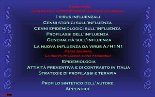 Parte prima
Generalità e approfondimenti sui virus influenzali

I virus influenzali
Cenni storici sull’influenza
Cenni epidemiologici sull’influenza
Profilassi dell’influenza
Generalità sull’influenza
La nuova influenza da virus A/H1N1
Parte seconda
La nuova influenza suina pandemica

Epidemiologia
Attività preventiva e di contrasto in Italia
Strategie di profilassi e terapia
* * *

Profilo sintetico dell’autore
Appendice

 