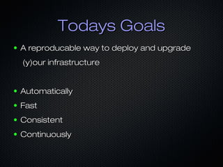 Todays GoalsTodays Goals
● A reproducable way to deploy and upgradeA reproducable way to deploy and upgrade
(y)our infrastructure(y)our infrastructure
● AutomaticallyAutomatically
● FastFast
● ConsistentConsistent
● ContinuouslyContinuously
 