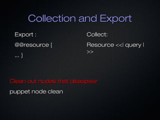 Collection and ExportCollection and Export
Export :Export :
@@resource {@@resource {
... }... }
Collect:Collect:
Resource <<| query |Resource <<| query |
>>>>
Clean out nodes that dissapearClean out nodes that dissapear
puppet node cleanpuppet node clean
 