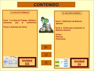 CONTENIDO Tema  1:La Hoja de Trabajo, utilidad y  columnas que la conforman. Tema 2: Asientos de Cierre Tema 1: Definición de Balance General Tema 2:  Partes que componen el Balance General: Activo Pasivos  Patrimonio EL BALANCE GENERAL LA HOJA DE TRABAJO Unidad III Unidad IV 