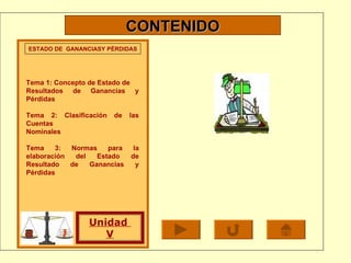 ESTADO DE  GANANCIASY PÉRDIDAS Tema 1: Concepto de Estado de  Resultados de Ganancias y Pérdidas Tema 2: Clasificación de las Cuentas Nominales Tema 3: Normas para la elaboración del Estado de Resultado de Ganancias y Pérdidas CONTENIDO Unidad  V 