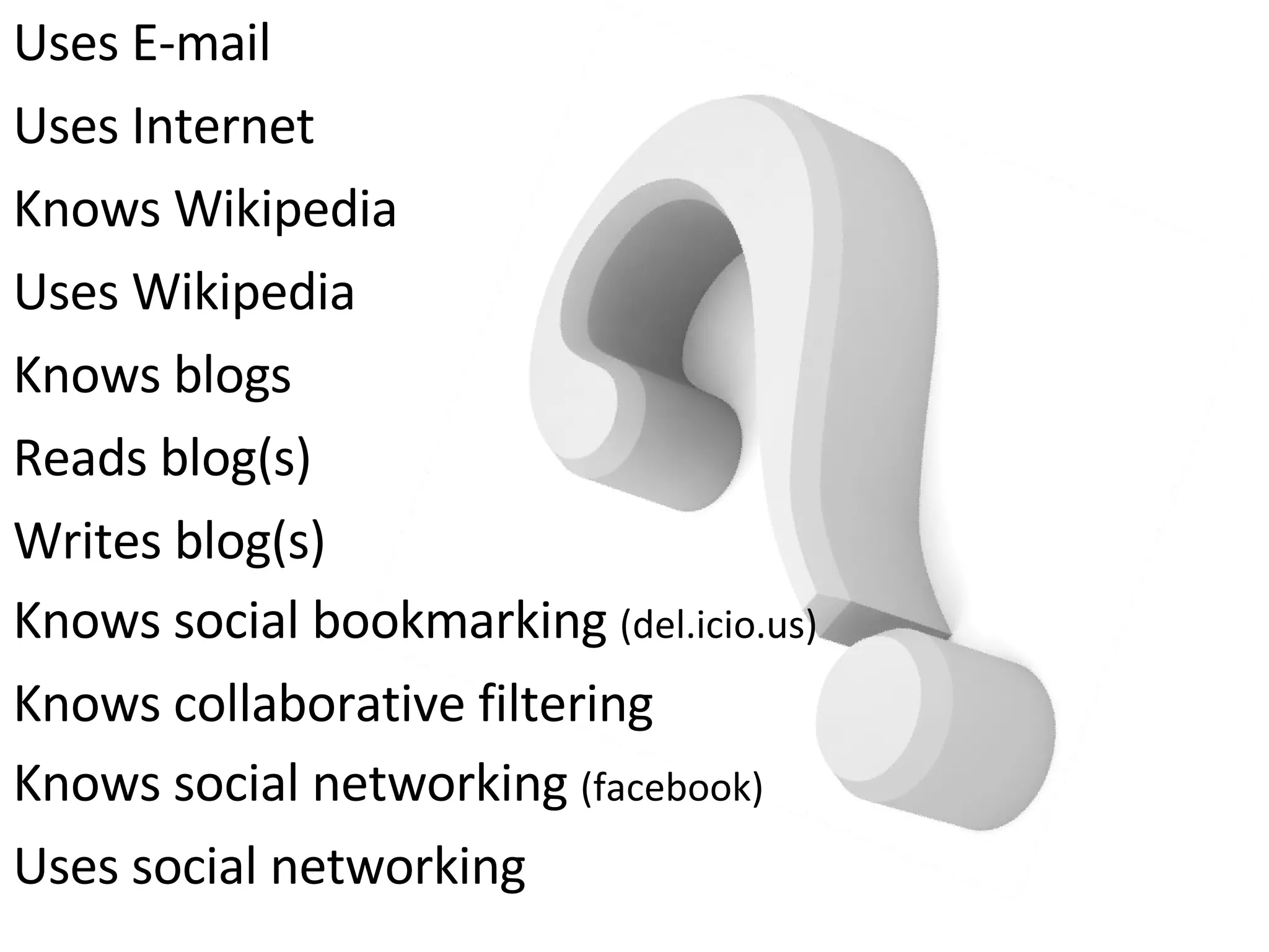 Uses E-mail Uses Internet Knows Wikipedia Uses Wikipedia Knows blogs Reads blog(s) Writes blog(s) Knows social bookmarking  (del.icio.us) Knows collaborative filtering Knows social networking  (facebook) Uses social networking 