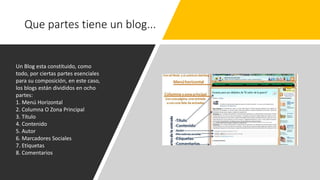 Que partes tiene un blog...
Un Blog esta constituido, como
todo, por ciertas partes esenciales
para su composición, en este caso,
los blogs están divididos en ocho
partes:
1. Menú Horizontal
2. Columna O Zona Principal
3. Título
4. Contenido
5. Autor
6. Marcadores Sociales
7. Etiquetas
8. Comentarios
 