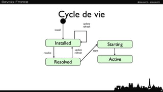 Cycle de vie
                                update
                                refresh
          install




          Installed                               Starting
                      update              start
resolve               refresh

                                                  Active
          Resolved




                                                             78
 