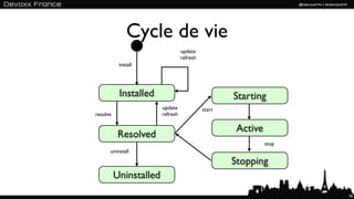 Cycle de vie
                                  update
                                  refresh
           install




           Installed                                Starting
                        update              start
resolve                 refresh

                                                     Active
           Resolved
                                                              stop
      uninstall

                                                    Stopping
          Uninstalled
                                                                     78
 