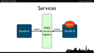 Services

                                           listener

           register    OSGI      lookup
Bundle A              service             Bundle B
                      registry




                                                      79
 