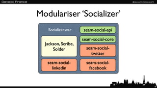 Modulariser ‘Socializer’
   Socializer.war    seam-social-api

                     seam-social-core
  Jackson, Scribe,
      Solder           seam-social-
                         twitter
   seam-social-        seam-social-
     linkedin            facebook


                                        84
 