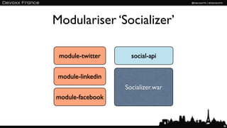 Modulariser ‘Socializer’

 module-twitter      social-api


 module-linkedin
                   Socializer.war
module-facebook



                                    86
 