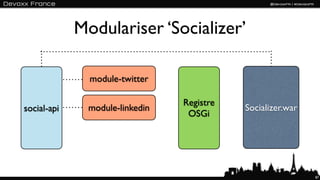 Modulariser ‘Socializer’

               module-twitter

                                 Registre
social-api     module-linkedin              Socializer.war
                                  OSGi




                                                             87
 