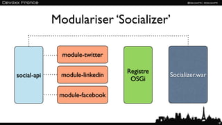 Modulariser ‘Socializer’

               module-twitter

                                 Registre
social-api     module-linkedin              Socializer.war
                                  OSGi

              module-facebook



                                                             87
 