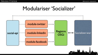 Modulariser ‘Socializer’

               module-twitter

                                 Registre
social-api     module-linkedin              Socializer.war
                                  OSGi

              module-facebook



                                                             88
 