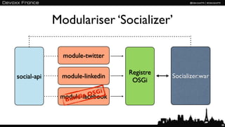 Modulariser ‘Socializer’

               module-twitter

                                 Registre
social-api     module-linkedin              Socializer.war
                                  OSGi

                     le O SGi
              module-facebook
               B und



                                                             88
 