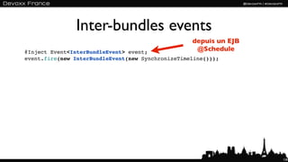 Inter-bundles events
                                                   depuis un EJB
@Inject Event<InterBundleEvent> event;              @Schedule
event.fire(new InterBundleEvent(new SynchronizeTimeline()));




                                                                   128
 