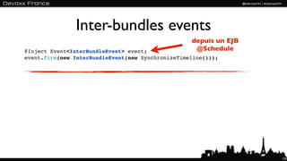 Inter-bundles events
                                                   depuis un EJB
@Inject Event<InterBundleEvent> event;              @Schedule
event.fire(new InterBundleEvent(new SynchronizeTimeline()));




                                                                   129
 