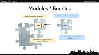 Modules / Bundles
                                                     Bundle-SymbolicName: com.sample.app
Bundle-SymbolicName: com.foo.bar




                     manifest                                   manifest




                                                               Export-Package: com.sample.app.api;
                                                                         version=1.2.0
               Import-Package: com.sample.app.api;
                      version=[1.2.0-2.0.0)




                                                                                                     77
 