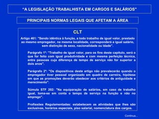 “ A LEGISLAÇÃO TRABALHISTA EM CARGOS E SALÁRIOS" PRINCIPAIS NORMAS LEGAIS QUE AFETAM A ÁREA CLT Artigo 461: "Sendo idêntica à função, a todo trabalho de igual valor, prestado ao mesmo empregador, na mesma localidade, corresponderá a igual salário, sem distinção de sexo, nacionalidade ou idade”. Parágrafo 1º: "Trabalho de igual valor, para os fins deste capítulo, será o que for feito com igual produtividade e com mesma perfeição técnica, entre pessoas cuja diferença de tempo de serviço não for superior a dois anos". Parágrafo 2º: "Os dispositivos deste artigo não prevalecerão quando o empregador tiver pessoal organizado em quadro de carreira, hipótese em que as promoções deverão obedecer aos critérios de antiguidade e merecimento". Súmula STF 202: "Na equiparação de salários, em caso de trabalho igual, toma-se em conta o tempo de serviço na função e não no emprego". Profissões Regulamentadas: estabelecem as atividades que lhes são exclusivas, horários especiais, piso salarial, nomenclatura dos cargos.  Continua... 