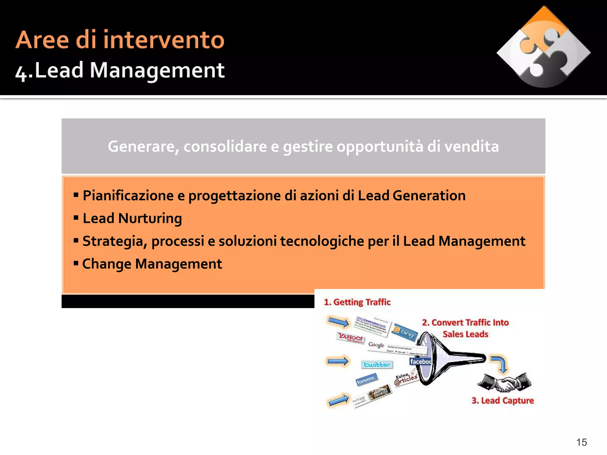 Generare, consolidare e gestire opportunità di vendita

 Pianificazione e progettazione di azioni di Lead Generation
 Lead Nurturing
 Strategia, processi e soluzioni tecnologiche per il Lead Management
 Change Management




                                                                        15
 