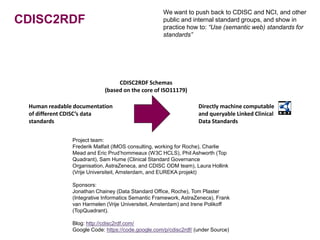 We want to push back to CDISC and NCI, and other
CDISC2RDF                                           public and internal standard groups, and show in
                                                    practice how to: “Use (semantic web) standards for
                                                    standards”




                                 CDISC2RDF Schemas
                            (based on the core of ISO11179)

 Human readable documentation                                     Directly machine computable
 of different CDISC’s data                                        and queryable Linked Clinical
 standards                                                        Data Standards


               Project team:
               Frederik Malfait (IMOS consulting, working for Roche), Charlie
               Mead and Eric Prud’hommeaux (W3C HCLS), Phil Ashworth (Top
               Quadrant), Sam Hume (Clinical Standard Governance
               Organisation, AstraZeneca, and CDISC ODM team), Laura Hollink
               (Vrije Universiteit, Amsterdam, and EUREKA projekt)

               Sponsors:
               Jonathan Chainey (Data Standard Office, Roche), Tom Plaster
               (Integrative Informatics Semantic Framework, AstraZeneca), Frank
               van Harmelen (Vrije Universiteit, Amsterdam) and Irene Polikoff
               (TopQuadrant).

               Blog: http://cdisc2rdf.com/
               Google Code: https://code.google.com/p/cdisc2rdf/ (under Source)
 