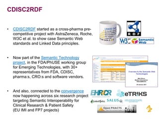 CDISC2RDF
• CDISC2RDF started as a cross-pharma pre-
competitive project with AstraZeneca, Roche,
W3C et al. to show case Semantic Web
standards and Linked Data principles.
• Now part of the Semantic Technology
project, in the FDA/PhUSE working group
for Emerging Technologies, with 30+
representatives from FDA, CDISC,
pharma:s, CRO:s and software vendors.
• And also, connected to the convergence
now happening across six research projects
targeting Semantic Interoperability for
Clinical Research & Patient Safety
(EU IMI and FP7 projects)
 