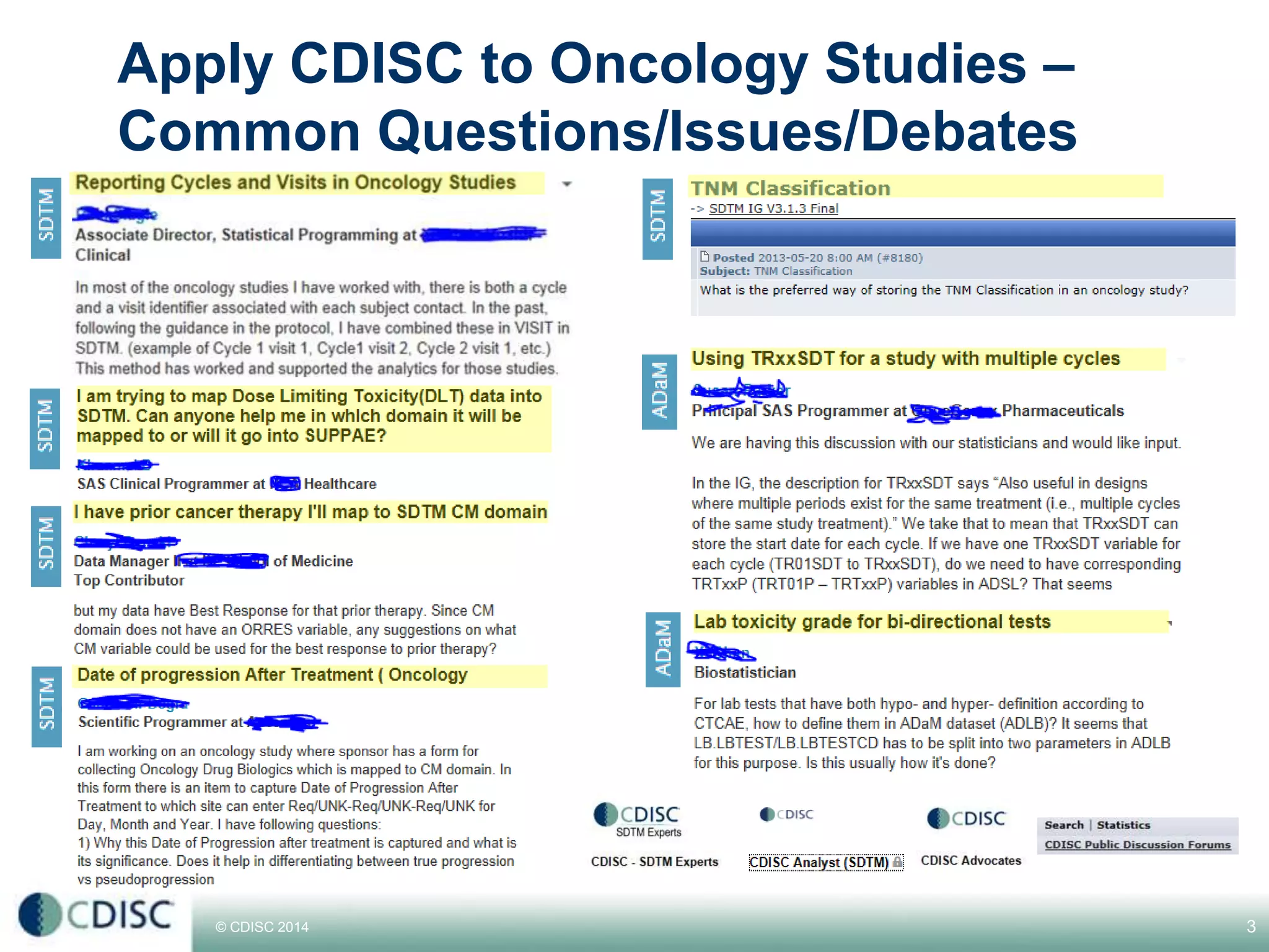 © CDISC 2014 3
Apply CDISC to Oncology Studies –
Common Questions/Issues/Debates