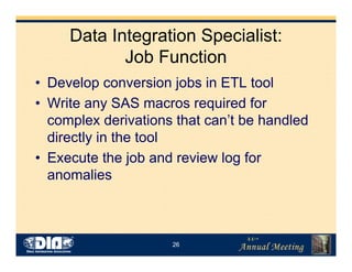 26
Data Integration Specialist:
Job Function
• Develop conversion jobs in ETL tool
• Write any SAS macros required for
complex derivations that can’t be handled
directly in the tool
• Execute the job and review log for
anomalies
 