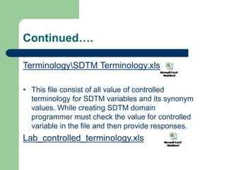 Continued….
TerminologySDTM Terminology.xls
• This file consist of all value of controlled
terminology for SDTM variables and its synonym
values. While creating SDTM domain
programmer must check the value for controlled
variable in the file and then provide responses.
Lab_controlled_terminology.xls
 
